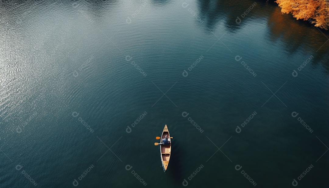 Pessoa remando em um lago calmo em vista aérea de outono