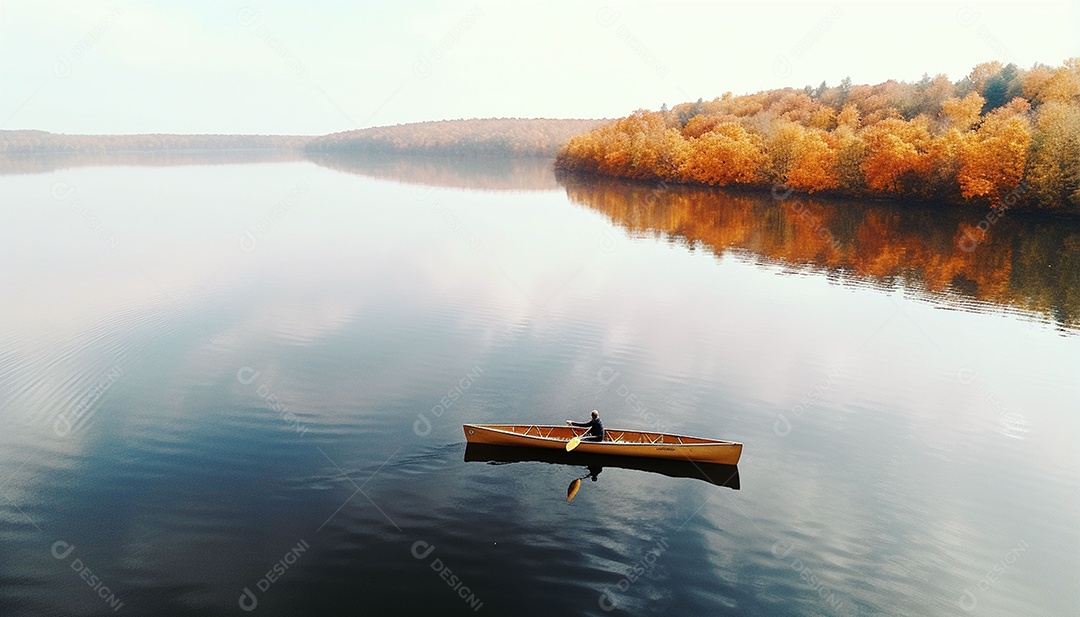 Pessoa remando em um lago calmo em vista aérea de outono