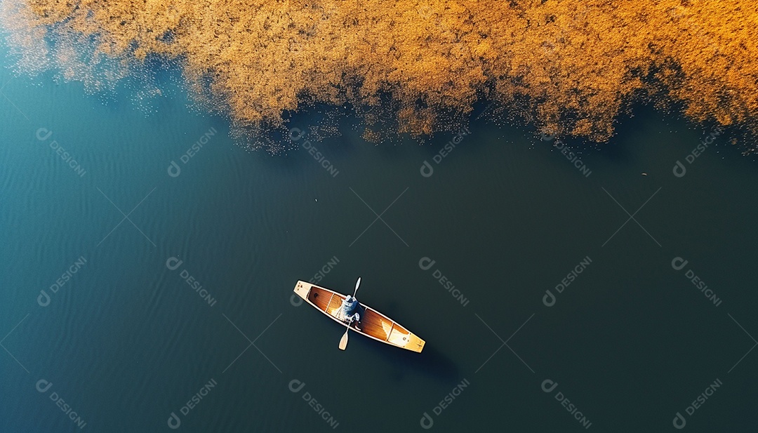 Pessoa remando em um lago calmo em vista aérea de outono