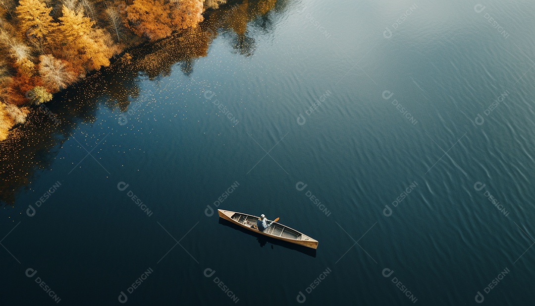 Pessoa remando em um lago calmo em vista aérea de outono