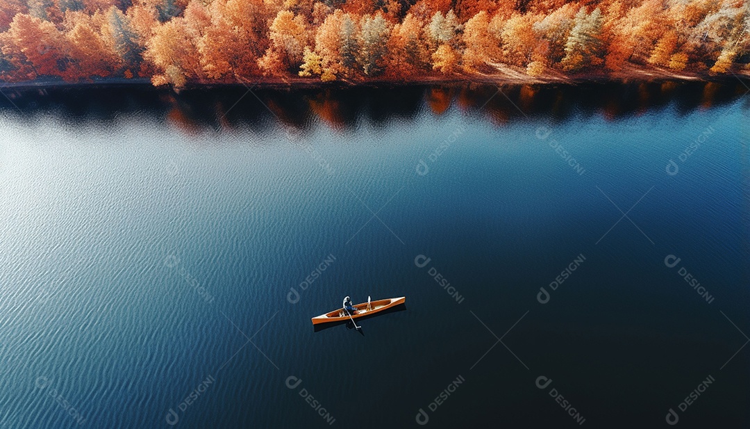 Pessoa remando em um lago calmo em vista aérea de outono