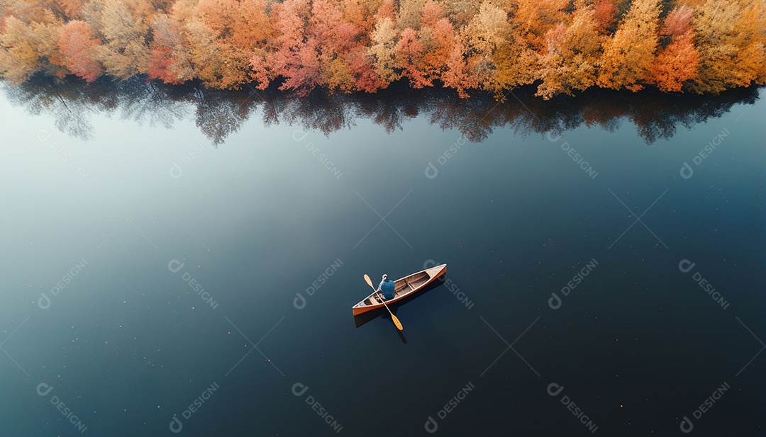 Pessoa remando em um lago calmo em vista aérea de outono