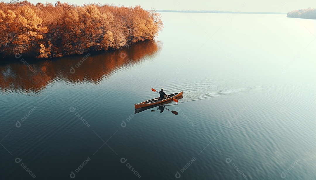 Pessoa remando em um lago calmo em vista aérea de outono