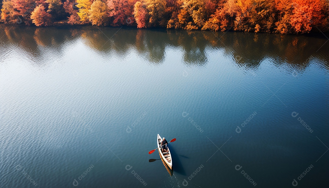 Pessoa remando em um lago calmo em vista aérea de outono