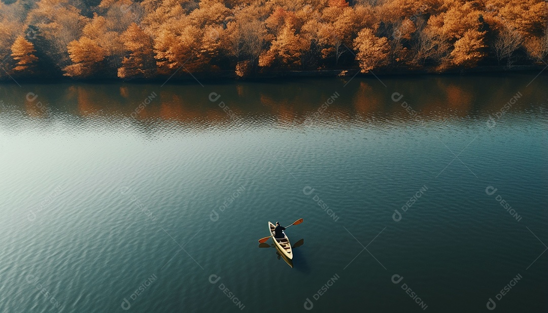 Pessoa remando em um lago calmo em vista aérea de outono