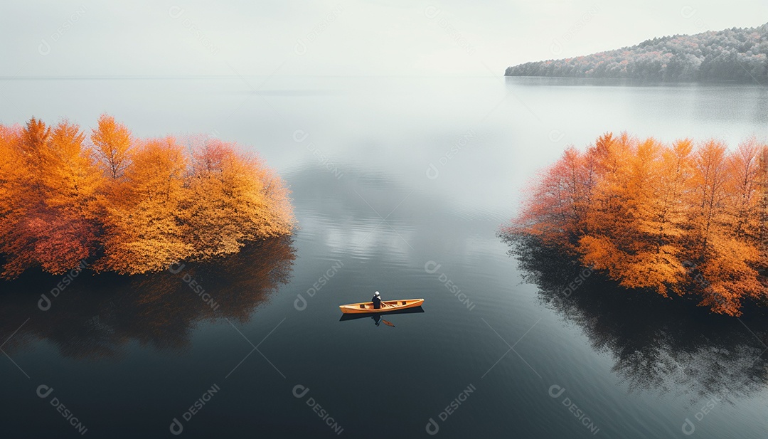 Pessoa remando em um lago calmo em vista aérea de outono