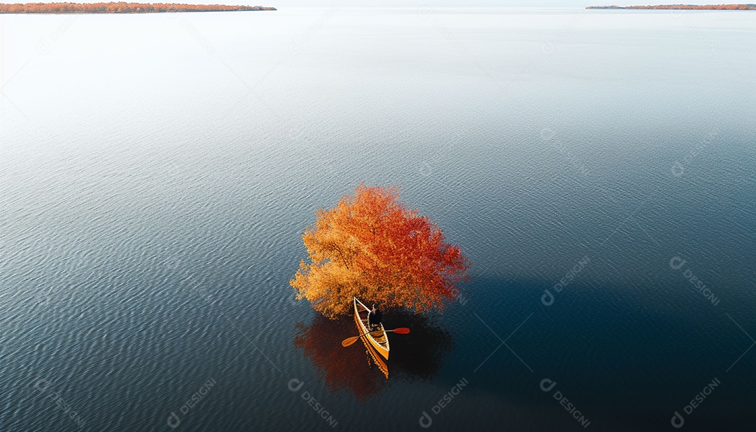 Pessoa remando em um lago calmo em vista aérea de outono