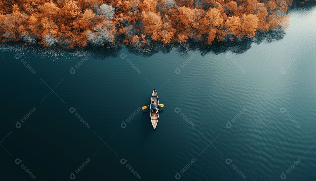 Pessoa remando em um lago calmo em vista aérea de outono