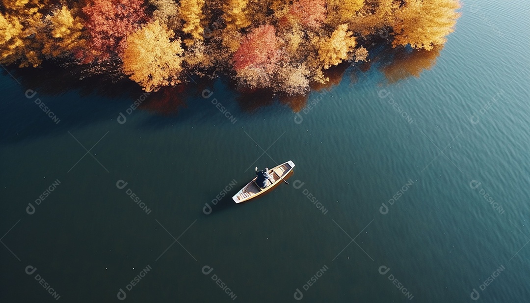 Pessoa remando em um lago calmo em vista aérea de outono