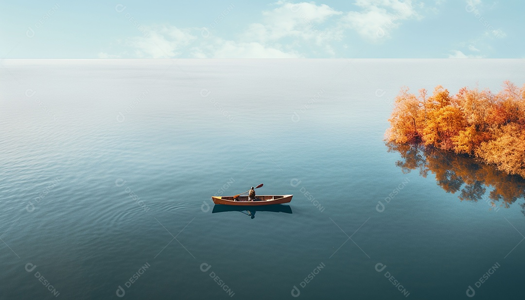 Pessoa remando em um lago calmo em vista aérea de outono