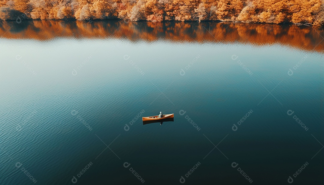 Pessoa remando em um lago calmo em vista aérea de outono