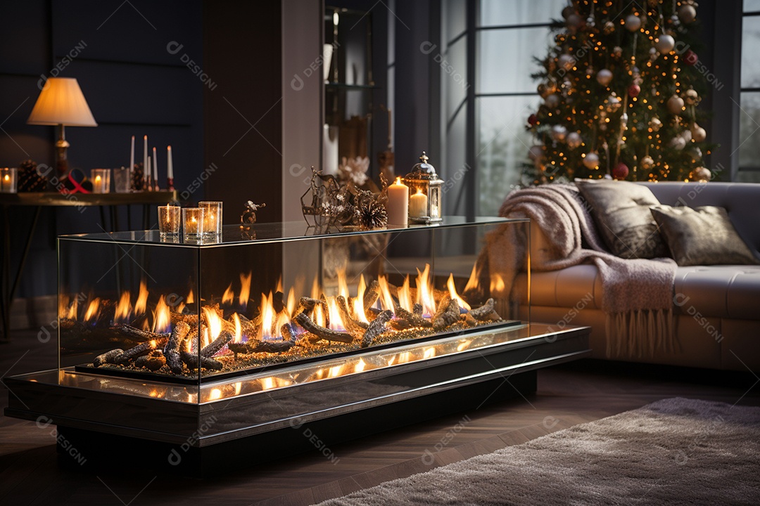 Foto sala de estar com lareira e árvore de natal