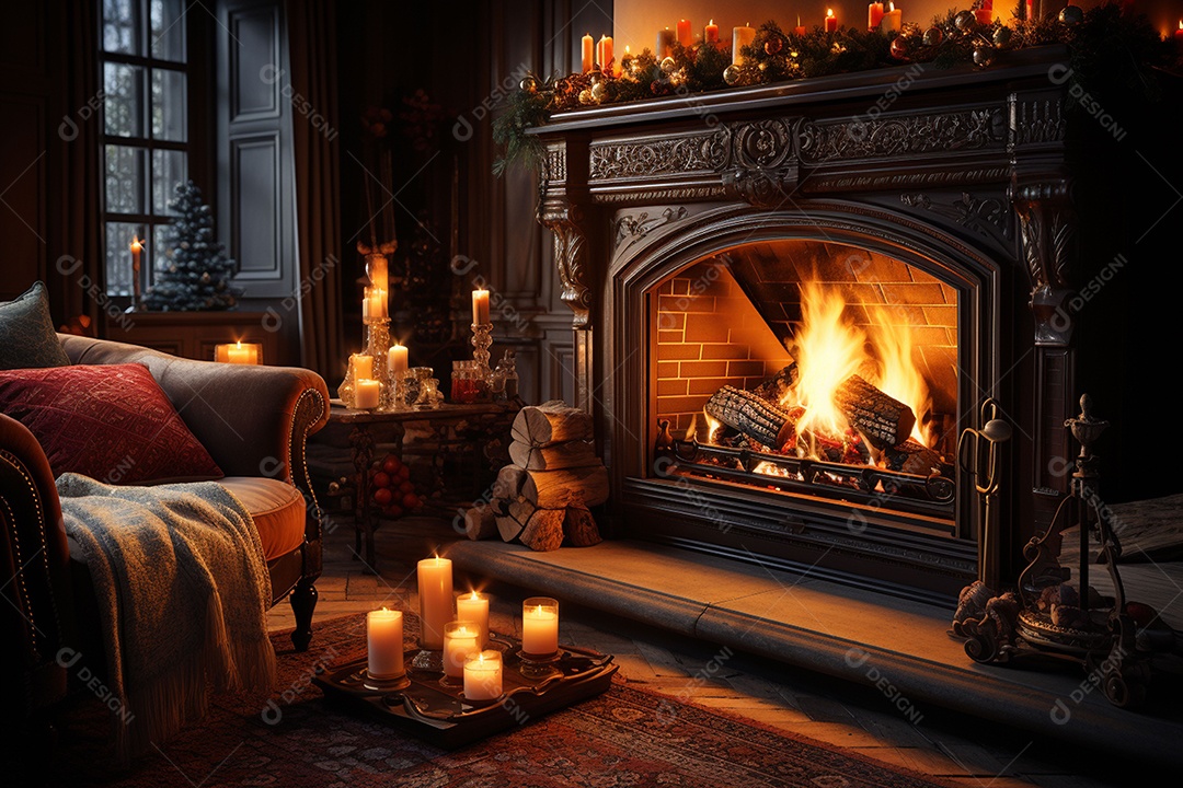 Foto sala de estar com lareira e árvore de natal