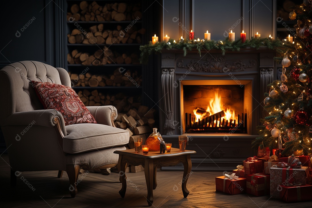 Foto sala de estar com lareira e árvore de natal