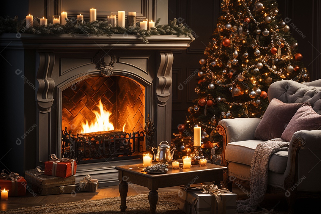 Foto sala de estar com lareira e árvore de natal