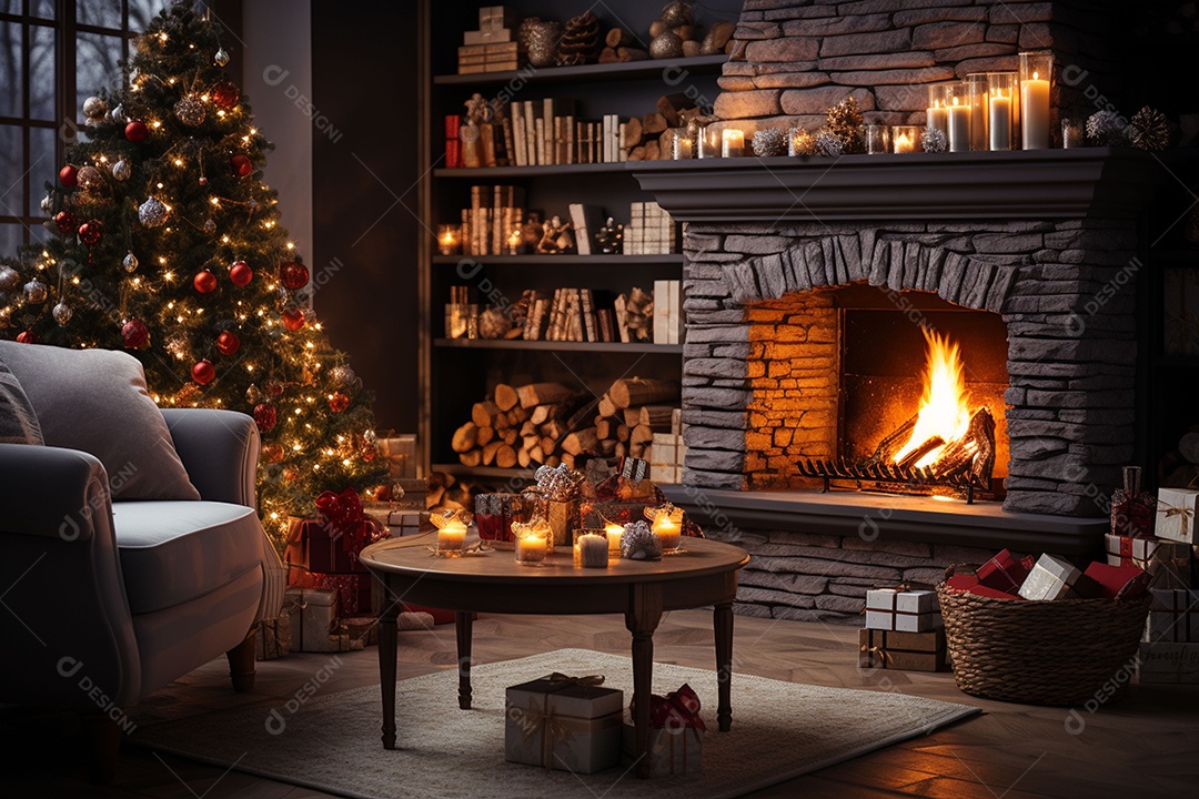 Foto sala de estar com lareira e árvore de natal