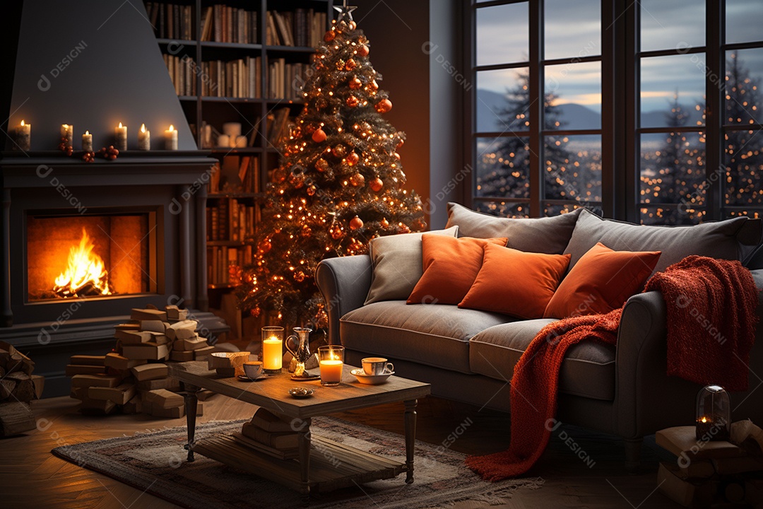 Foto sala de estar com lareira e árvore de natal