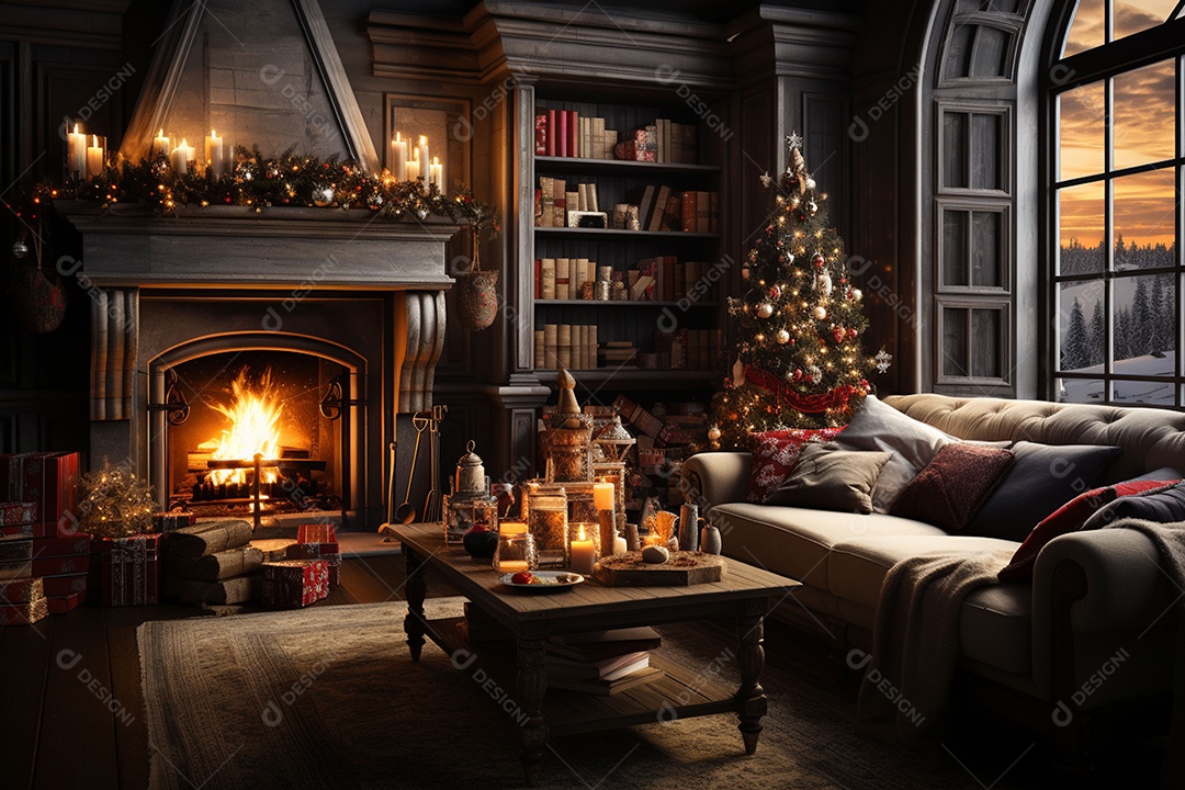 Foto sala de estar com lareira e árvore de natal