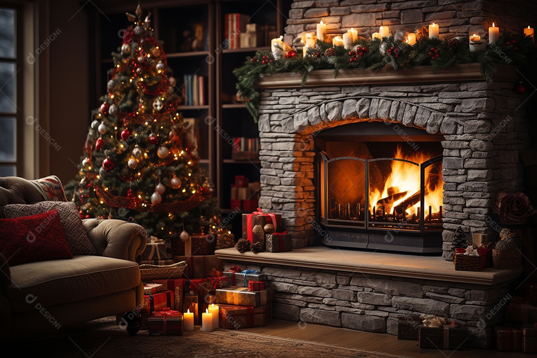 Foto sala de estar com lareira e árvore de natal