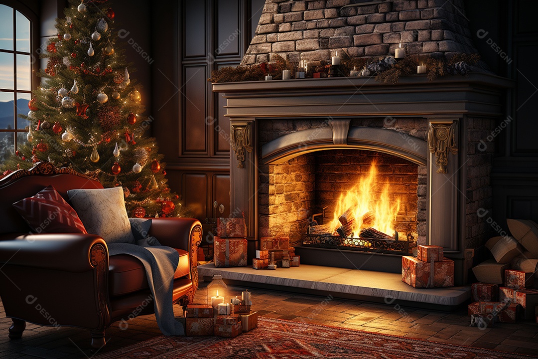 Foto sala de estar com lareira e árvore de natal