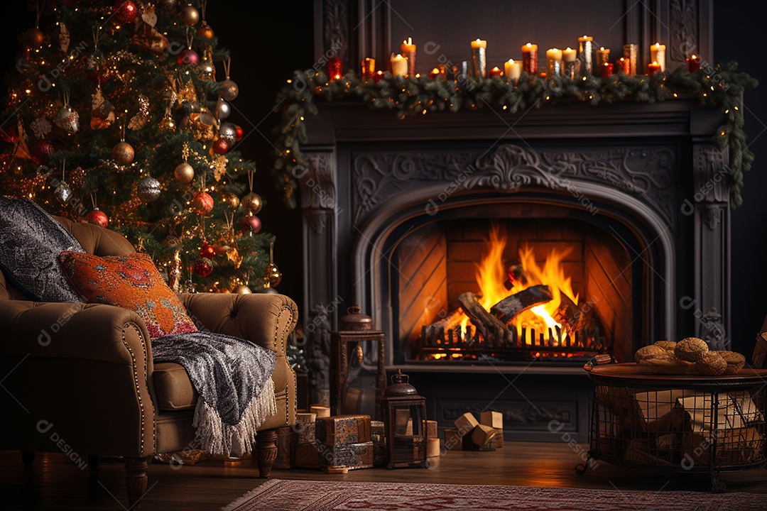 Foto sala de estar com lareira e árvore de natal