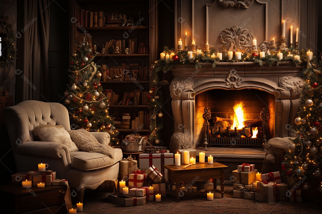 Foto sala de estar com lareira e árvore de natal