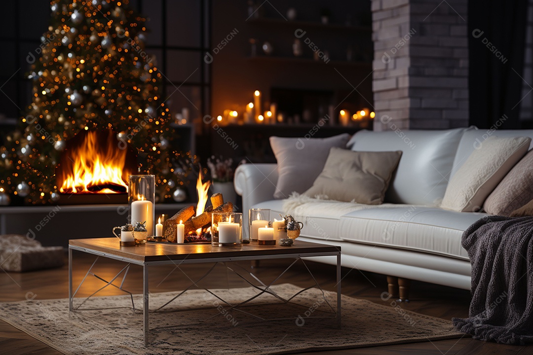 Foto sala de estar com lareira e árvore de natal