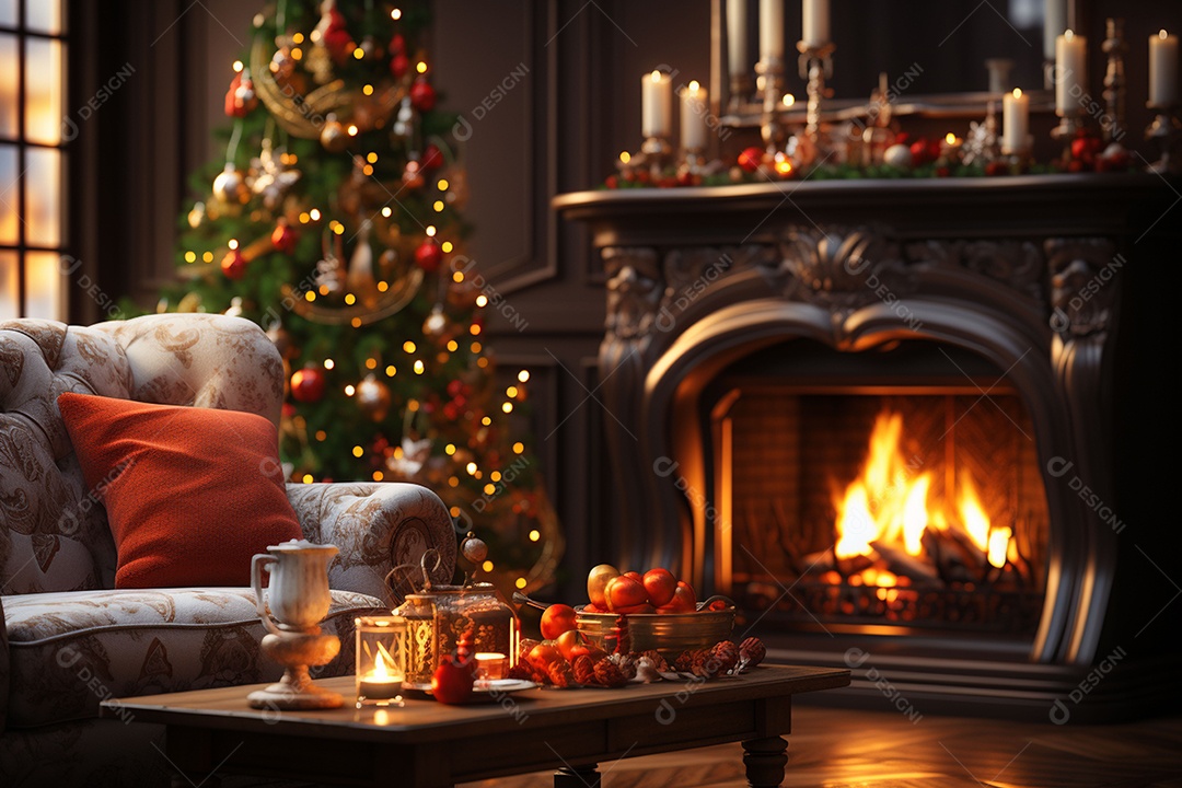 Foto sala de estar com lareira e árvore de natal