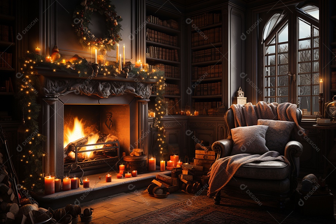 Foto sala de estar com lareira e árvore de natal