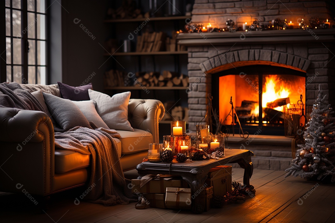 Foto sala de estar com lareira e árvore de natal