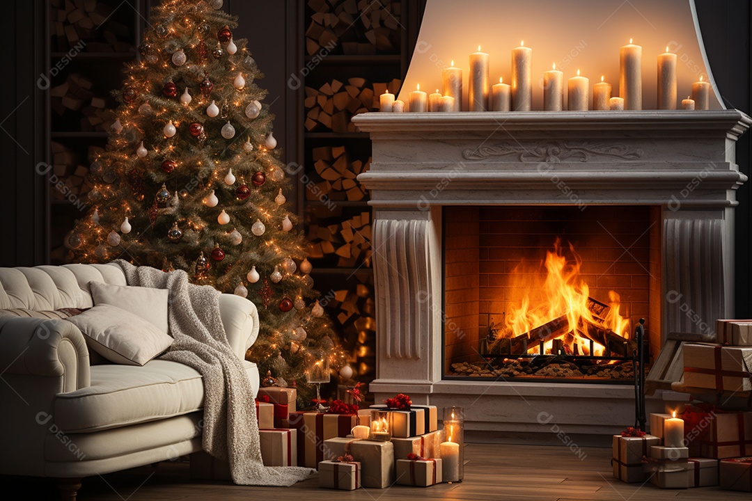 Foto sala de estar com lareira e árvore de natal