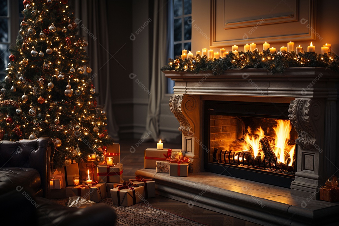 Foto sala de estar com lareira e árvore de natal
