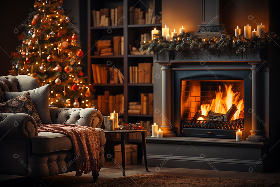 Foto sala de estar com lareira e árvore de natal