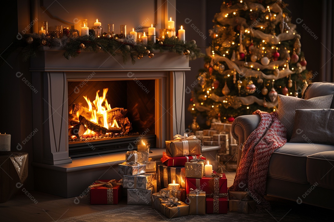 Foto sala de estar com lareira e árvore de natal