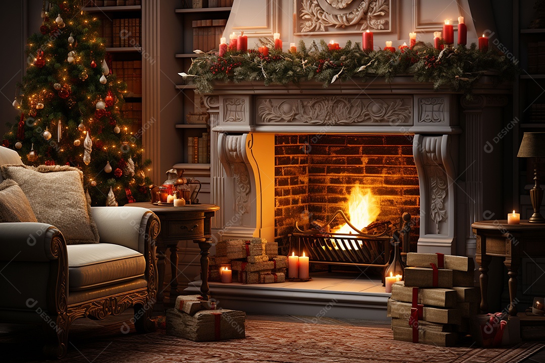Foto sala de estar com lareira e árvore de natal