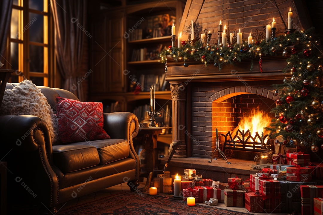 Foto sala de estar com lareira e árvore de natal