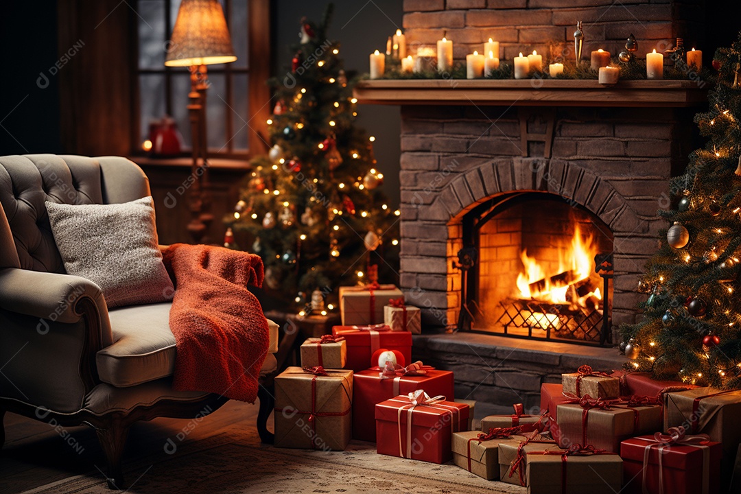 Foto sala de estar com lareira e árvore de natal