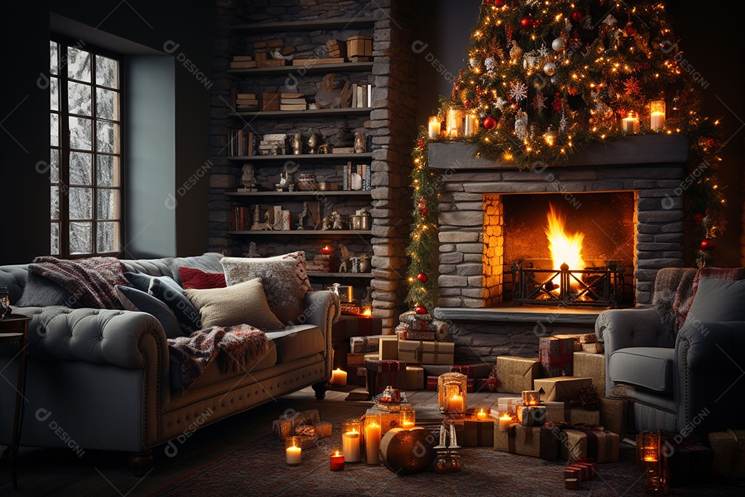 Foto sala de estar com lareira e árvore de natal