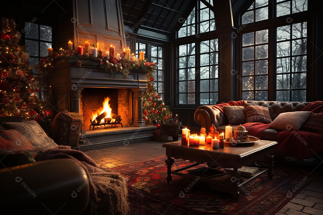 Foto sala de estar com lareira e árvore de natal