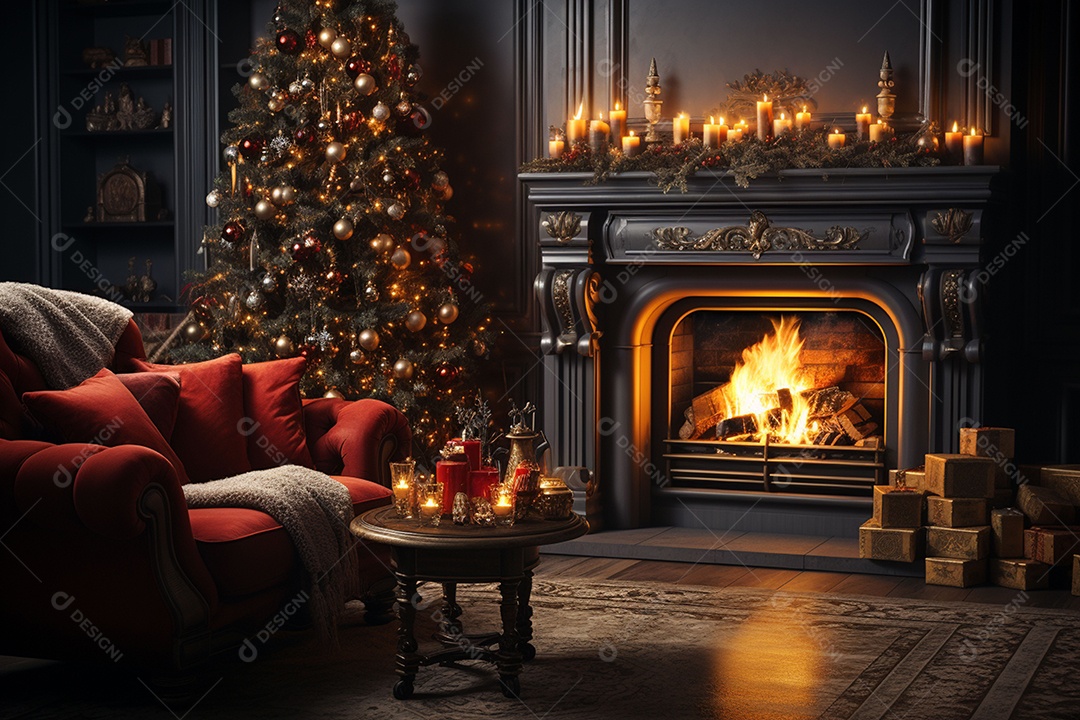 Foto sala de estar com lareira e árvore de natal