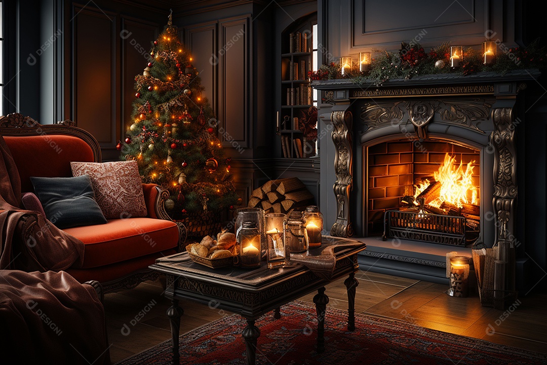 Foto sala de estar com lareira e árvore de natal