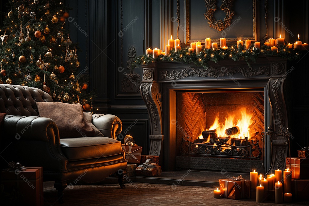 Foto sala de estar com lareira e árvore de natal