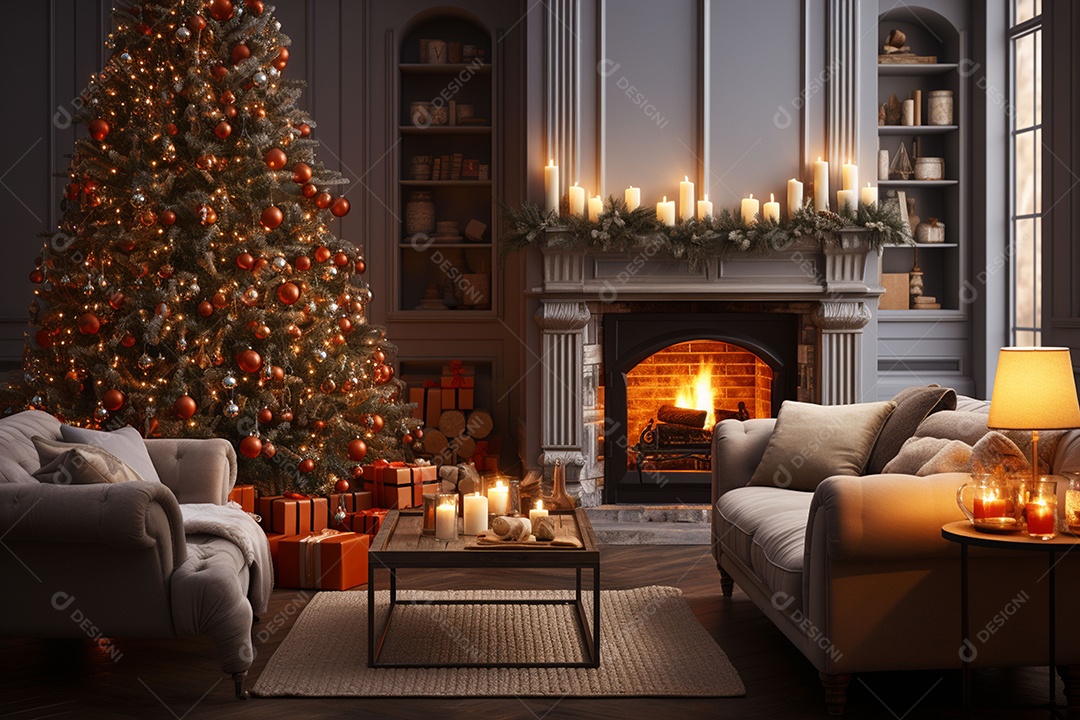 Foto sala de estar com lareira e árvore de natal