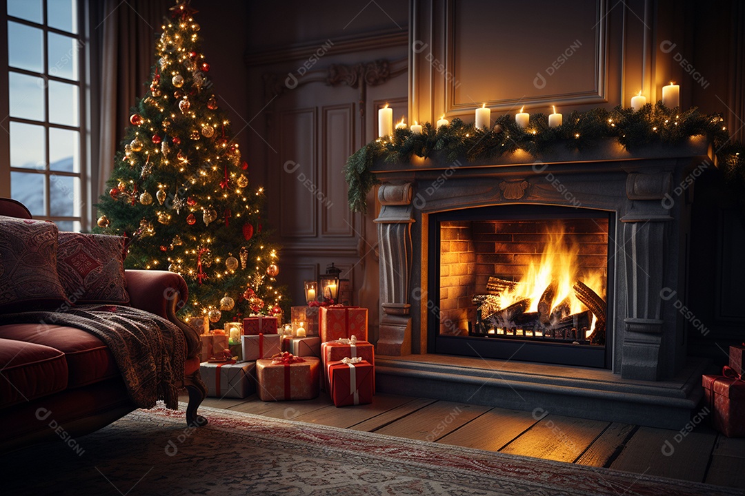 Foto sala de estar com lareira e árvore de natal