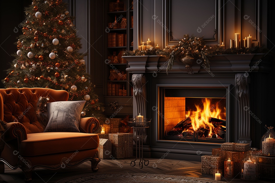 Foto sala de estar com lareira e árvore de natal