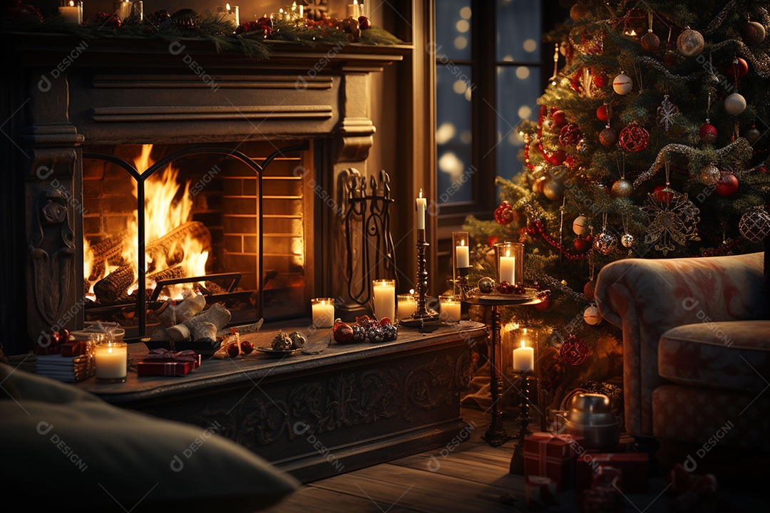 Foto sala de estar com lareira e árvore de natal