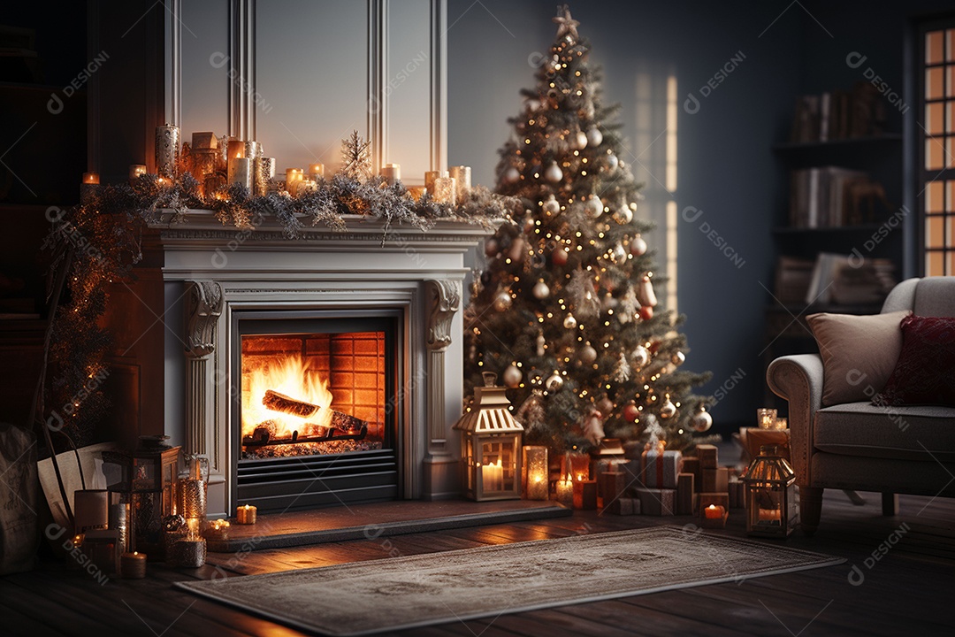 Foto sala de estar com lareira e árvore de natal