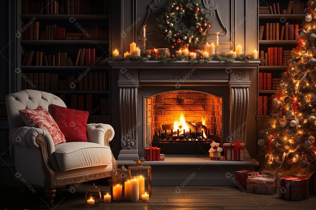 Foto sala de estar com lareira e árvore de natal