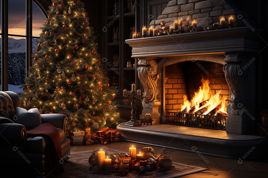Foto sala de estar com lareira e árvore de natal