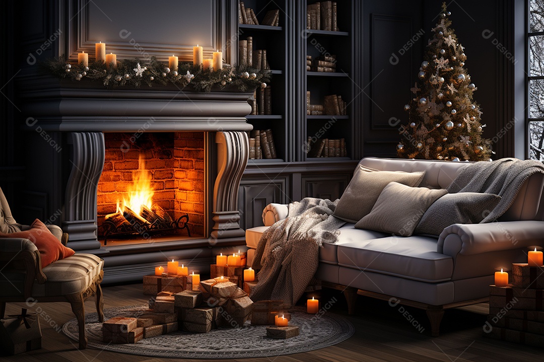 Foto sala de estar com lareira e árvore de natal